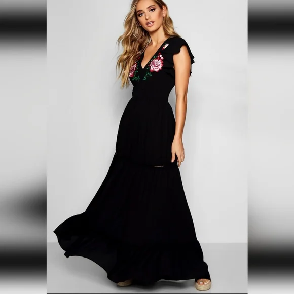 ASOS | Dresses | Nwt Asos Boohoo Embroidered Maxi Dress Black | Poshmark